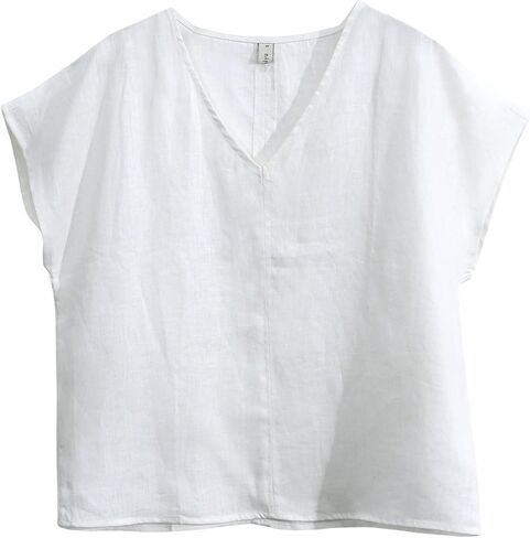 Amazhiyu Women's 100% Linen Tops Summer Short Sleeve V Neck Casual Blouse White, Large in Saudi Arabia