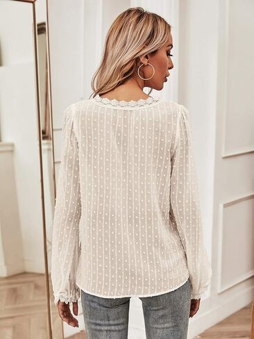 Women's Dressy Casual Long Sleeve Blouse Swiss Dots Lace V Neck Fall Going Out Top Shirt in Saudi Arabia