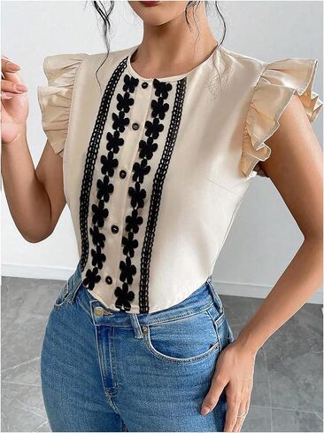 Floerns Women's Elegant Button Down Shirts Ruffle Cap Sleeve Summer Dressy Casual Blouse Tops in Saudi Arabia