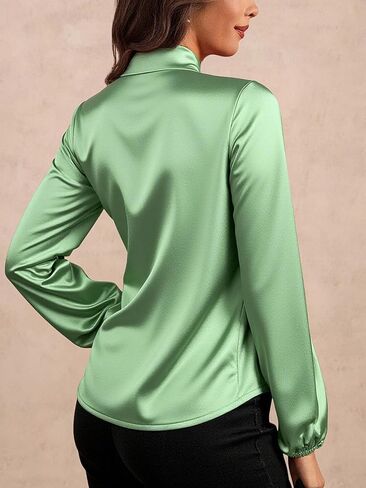 Women's Satin Tie Neck Blouses Elegant Long Sleeve Work Shirts Business Casual Tops in Saudi Arabia