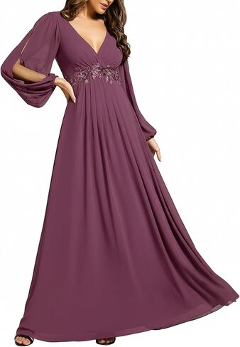 Ever-Pretty Women's V Neck Long Lantern Sleeves Floor Length Ruched Chiffon A-Line Formal Evening Dress 00461 in Kuwait
