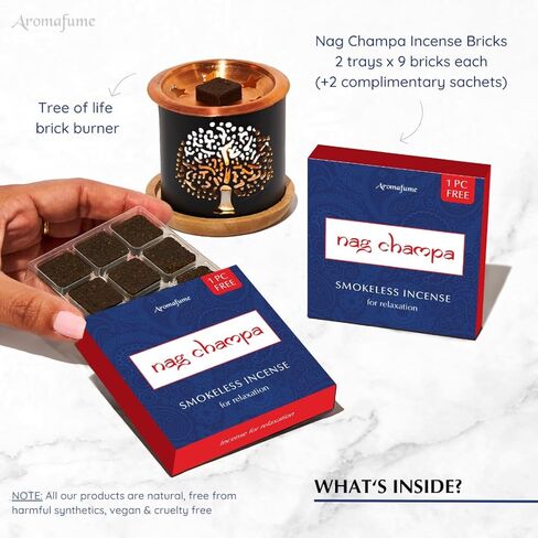 طوب البخور Nag Champa (2 × 9 طوب) ومبخرة بخور شجرة الحياة الغريبة من Aromafume | مصنوع من خشب الصندل والياسمين واليلانج يلانج وزهرة الشامبا | طوب طبيعي منخفض الدخان وغير سام in Kuwait