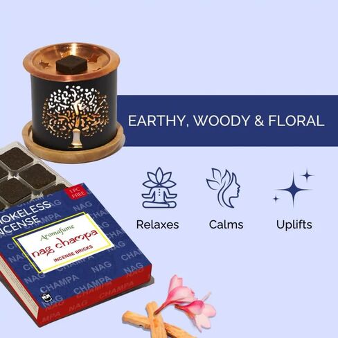 طوب البخور Nag Champa (2 × 9 طوب) ومبخرة بخور شجرة الحياة الغريبة من Aromafume | مصنوع من خشب الصندل والياسمين واليلانج يلانج وزهرة الشامبا | طوب طبيعي منخفض الدخان وغير سام in Kuwait