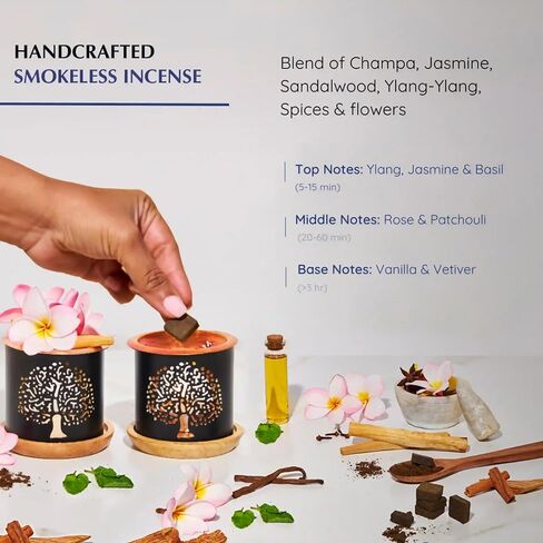 طوب البخور Nag Champa (2 × 9 طوب) ومبخرة بخور شجرة الحياة الغريبة من Aromafume | مصنوع من خشب الصندل والياسمين واليلانج يلانج وزهرة الشامبا | طوب طبيعي منخفض الدخان وغير سام in Kuwait