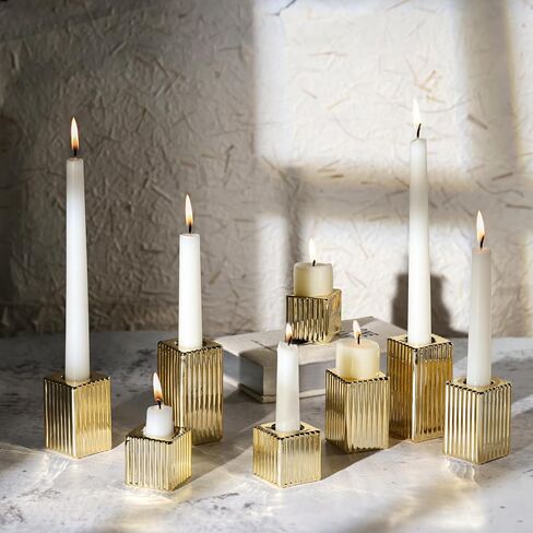 LETINE 12pcs White Vertical Stripe Glass Candlestick Holders - Modern Farmhouse Taper Candle Sticks Holder Set for Elegant Dining & Home Decor,Ideal Candle Holders for Wall, Living Room Decor in Kuwait