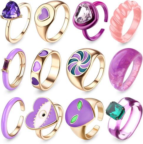 12Pcs Chunky Rings Colorful Rings for Women Acrylic Resin Rings Aesthetic Gold Cute Trendy Funky Statement Stackable Finger Knuckle Rings Aesthetic Jewelry in Saudi Arabia