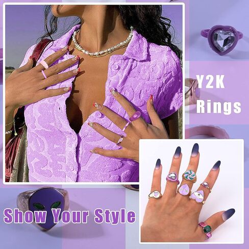 12Pcs Chunky Rings Colorful Rings for Women Acrylic Resin Rings Aesthetic Gold Cute Trendy Funky Statement Stackable Finger Knuckle Rings Aesthetic Jewelry in Saudi Arabia