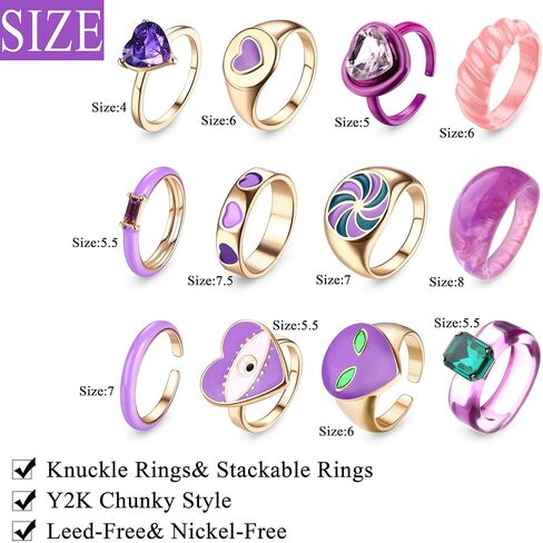 12Pcs Chunky Rings Colorful Rings for Women Acrylic Resin Rings Aesthetic Gold Cute Trendy Funky Statement Stackable Finger Knuckle Rings Aesthetic Jewelry in Saudi Arabia