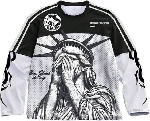 Men's Number Graphic Long Sleeve Jersey Shirts Oversized Y2K Round Neck 2 in 1 T-Shirts Streetwear Top in Saudi Arabia