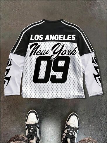 Men's Number Graphic Long Sleeve Jersey Shirts Oversized Y2K Round Neck 2 in 1 T-Shirts Streetwear Top in Saudi Arabia