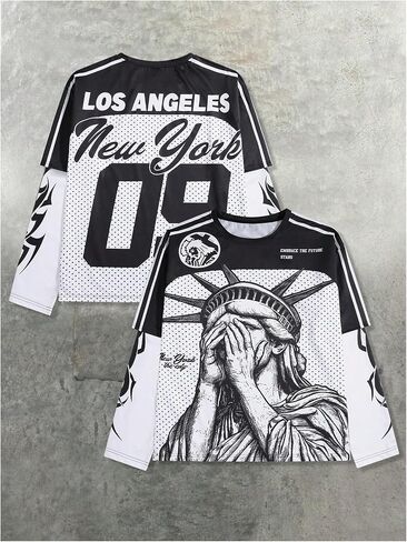 Men's Number Graphic Long Sleeve Jersey Shirts Oversized Y2K Round Neck 2 in 1 T-Shirts Streetwear Top in Saudi Arabia