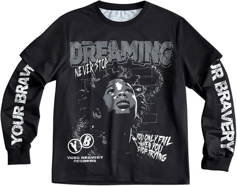 Men's Number Graphic Long Sleeve Jersey Shirts Oversized Y2K Round Neck 2 in 1 T-Shirts Streetwear Top in Saudi Arabia