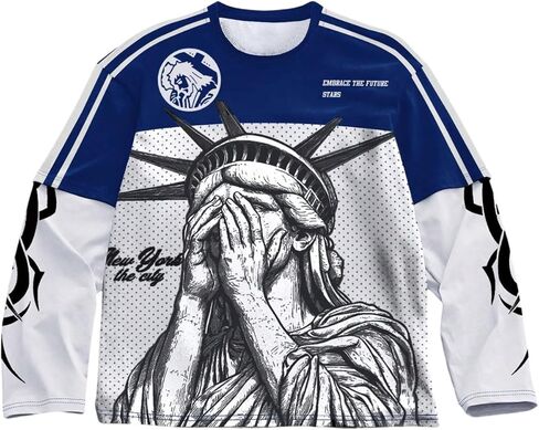 Men's Number Graphic Long Sleeve Jersey Shirts Oversized Y2K Round Neck 2 in 1 T-Shirts Streetwear Top in Saudi Arabia