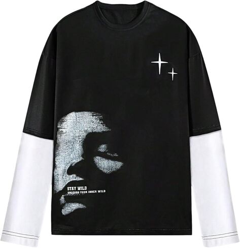Men's Number Graphic Long Sleeve Jersey Shirts Oversized Y2K Round Neck 2 in 1 T-Shirts Streetwear Top in Saudi Arabia