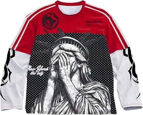 Men's Number Graphic Long Sleeve Jersey Shirts Oversized Y2K Round Neck 2 in 1 T-Shirts Streetwear Top in Saudi Arabia