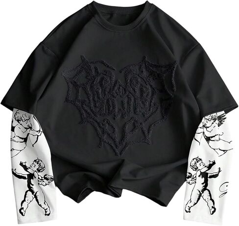 Men's Number Graphic Long Sleeve Jersey Shirts Oversized Y2K Round Neck 2 in 1 T-Shirts Streetwear Top in Saudi Arabia