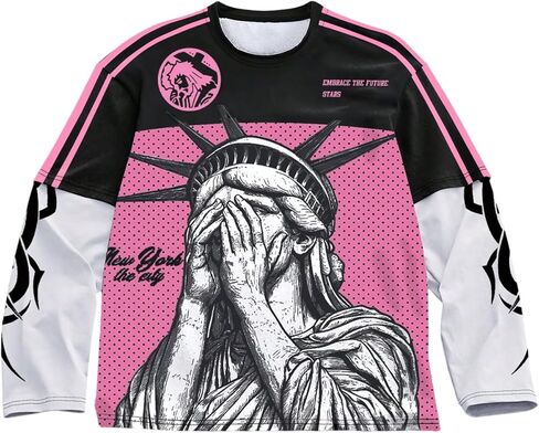 Men's Number Graphic Long Sleeve Jersey Shirts Oversized Y2K Round Neck 2 in 1 T-Shirts Streetwear Top in Saudi Arabia