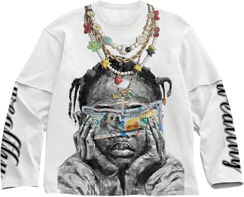 Men's Number Graphic Long Sleeve Jersey Shirts Oversized Y2K Round Neck 2 in 1 T-Shirts Streetwear Top in Saudi Arabia