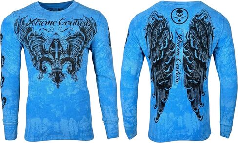 Xtreme Couture by Affliction Men's Long Sleeve Thermal Shirt Faith to Rise, Blue with Wings and Cross in Saudi Arabia