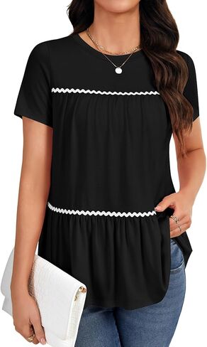Rooscier Women's Tiered Ruched Crew Neck Short Sleeve Babydoll Loose Casual Tunic Shirt Top in Saudi Arabia