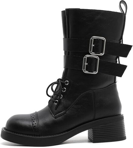 Women's Mid-Calf Boots, Women Combat Boots for Fall & Winter, Fashion Snow Boots with Lace-Up, Zipper, and Strap, 1.97-Inch Chunky Heel Thick Sole Women Boots in Saudi Arabia