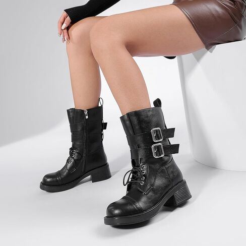 Women's Mid-Calf Boots, Women Combat Boots for Fall & Winter, Fashion Snow Boots with Lace-Up, Zipper, and Strap, 1.97-Inch Chunky Heel Thick Sole Women Boots in Saudi Arabia