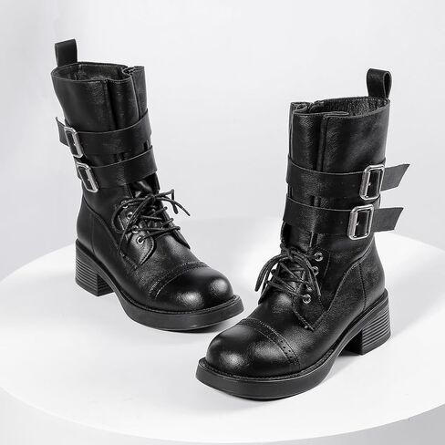 Women's Mid-Calf Boots, Women Combat Boots for Fall & Winter, Fashion Snow Boots with Lace-Up, Zipper, and Strap, 1.97-Inch Chunky Heel Thick Sole Women Boots in Saudi Arabia
