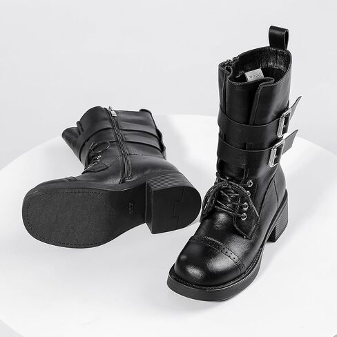 Women's Mid-Calf Boots, Women Combat Boots for Fall & Winter, Fashion Snow Boots with Lace-Up, Zipper, and Strap, 1.97-Inch Chunky Heel Thick Sole Women Boots in Saudi Arabia