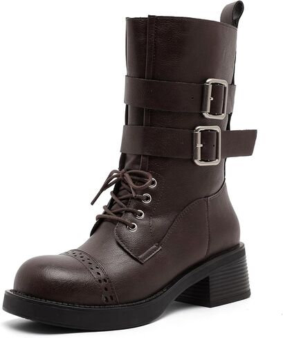 Women's Mid-Calf Boots, Women Combat Boots for Fall & Winter, Fashion Snow Boots with Lace-Up, Zipper, and Strap, 1.97-Inch Chunky Heel Thick Sole Women Boots in Saudi Arabia