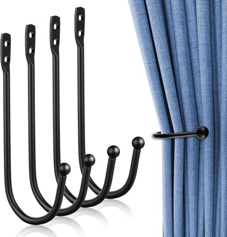 4Pack Curtain Wall Hooks, Curtain Holdbacks,Curtains Tie Backs for Curtains, Decorative Drapery Holdbacks for Wall Ties with Screws Black Metal U Shaped Pull Backs in Saudi Arabia