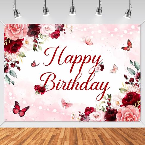 Avezano Floral Happy Birthday Banner for Women Girls Rose Gold Red Floral Birthday Party Decorations for Women Burgundy Floral Birthday Party Supplies Banner 70.8 x 43.3 Inch in Saudi Arabia