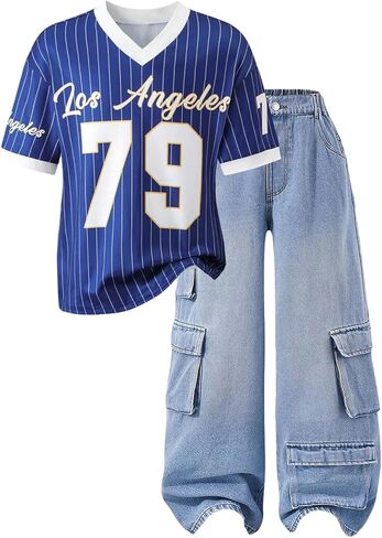 Girl's Number Letter Graphic Jersey Shirts Y2K Striped Short Sleeve V Neck Loose Top in Kuwait