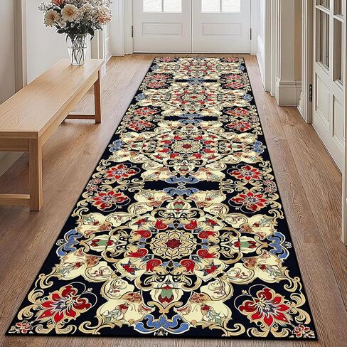 Washable Corridor Runner Rug, Non-Slip Vintage Flower Hallway Rug with Upgrade Rubber Backing, Stain Resistant Faux Wool Distressed Carpet for Bedroom Kitchen Laundry Corridor Balcony (94.5" x 23.6") in Saudi Arabia