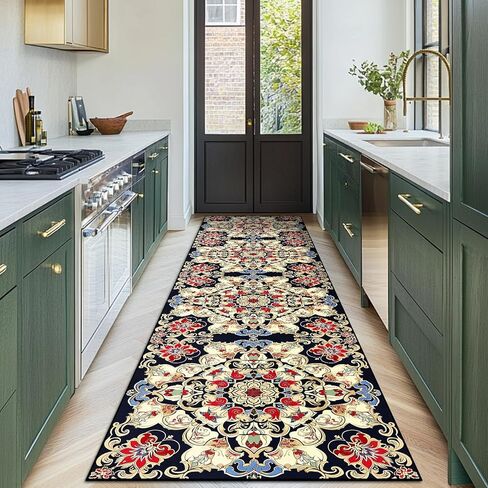 Washable Corridor Runner Rug, Non-Slip Vintage Flower Hallway Rug with Upgrade Rubber Backing, Stain Resistant Faux Wool Distressed Carpet for Bedroom Kitchen Laundry Corridor Balcony (94.5" x 23.6") in Saudi Arabia