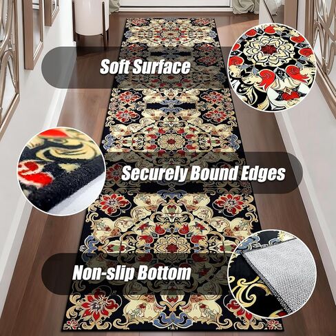 Washable Corridor Runner Rug, Non-Slip Vintage Flower Hallway Rug with Upgrade Rubber Backing, Stain Resistant Faux Wool Distressed Carpet for Bedroom Kitchen Laundry Corridor Balcony (94.5" x 23.6") in Saudi Arabia
