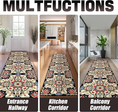 Washable Corridor Runner Rug, Non-Slip Vintage Flower Hallway Rug with Upgrade Rubber Backing, Stain Resistant Faux Wool Distressed Carpet for Bedroom Kitchen Laundry Corridor Balcony (94.5" x 23.6") in Saudi Arabia