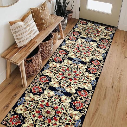 Washable Corridor Runner Rug, Non-Slip Vintage Flower Hallway Rug with Upgrade Rubber Backing, Stain Resistant Faux Wool Distressed Carpet for Bedroom Kitchen Laundry Corridor Balcony (94.5" x 23.6") in Saudi Arabia