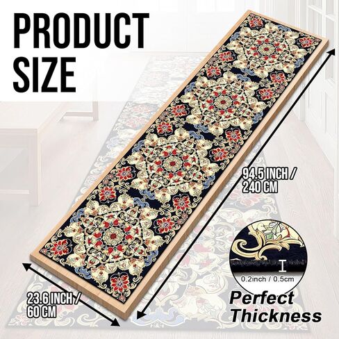 Washable Corridor Runner Rug, Non-Slip Vintage Flower Hallway Rug with Upgrade Rubber Backing, Stain Resistant Faux Wool Distressed Carpet for Bedroom Kitchen Laundry Corridor Balcony (94.5" x 23.6") in Saudi Arabia