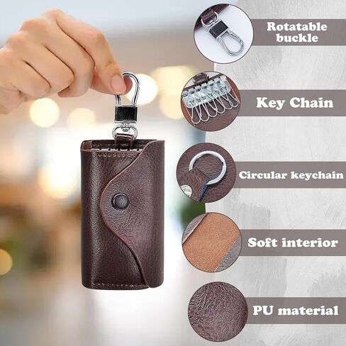 Key Holder Case, Large Capacity Leather Key Case Wallet Multi-Functional Key Bag with 6 Hooks and Snap in Saudi Arabia