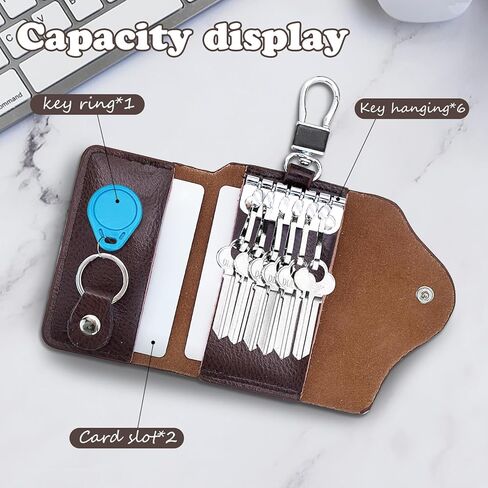 Key Holder Case, Large Capacity Leather Key Case Wallet Multi-Functional Key Bag with 6 Hooks and Snap in Saudi Arabia