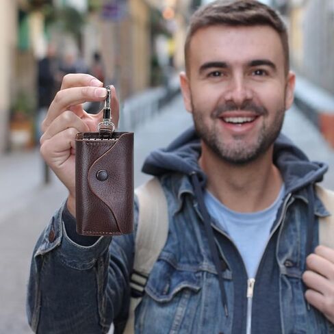 Key Holder Case, Large Capacity Leather Key Case Wallet Multi-Functional Key Bag with 6 Hooks and Snap in Saudi Arabia