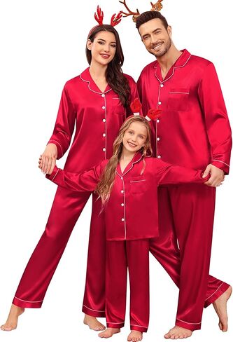 SWOMOG Family Matching Pajamas Set Satin Long Sleeve Button Down 2 PCS Pjs Pajama Top & Pants Holiday Sleepwear Set in Saudi Arabia