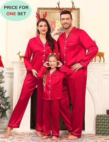 SWOMOG Family Matching Pajamas Set Satin Long Sleeve Button Down 2 PCS Pjs Pajama Top & Pants Holiday Sleepwear Set in Saudi Arabia
