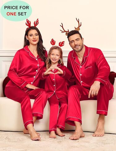SWOMOG Family Matching Pajamas Set Satin Long Sleeve Button Down 2 PCS Pjs Pajama Top & Pants Holiday Sleepwear Set in Saudi Arabia