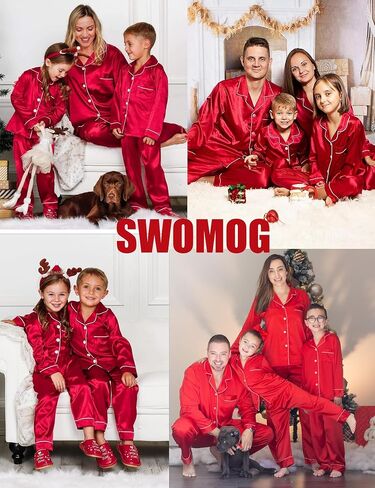 SWOMOG Family Matching Pajamas Set Satin Long Sleeve Button Down 2 PCS Pjs Pajama Top & Pants Holiday Sleepwear Set in Saudi Arabia