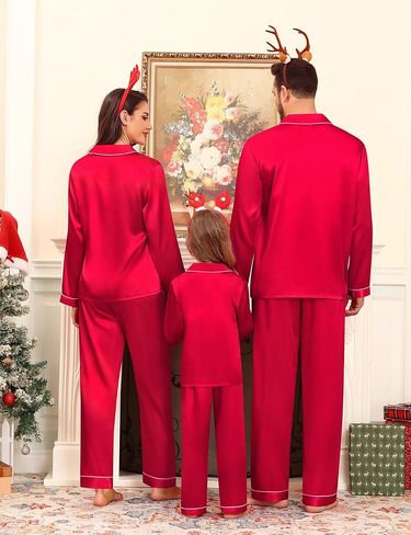 SWOMOG Family Matching Pajamas Set Satin Long Sleeve Button Down 2 PCS Pjs Pajama Top & Pants Holiday Sleepwear Set in Saudi Arabia