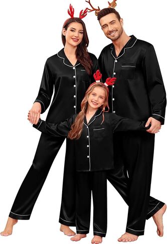 SWOMOG Family Matching Pajamas Set Satin Long Sleeve Button Down 2 PCS Pjs Pajama Top & Pants Holiday Sleepwear Set in Saudi Arabia