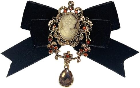 Vintage Teardrop Cameo Ladies Bow Pre-Tied Brooch for Women Elegant Rhinestone Love Velvet Ribbon Neck Tie Brooches Lapel Pins Christmas Wedding Prom Party Costume Bow Tie Winter Dress Accessories in Saudi Arabia