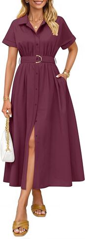 ZESICA Women's Summer Button Down Midi Dress 2026 Short Sleeve A Line Belt Buiness Casual Shirt Dresses with Pockets in Saudi Arabia