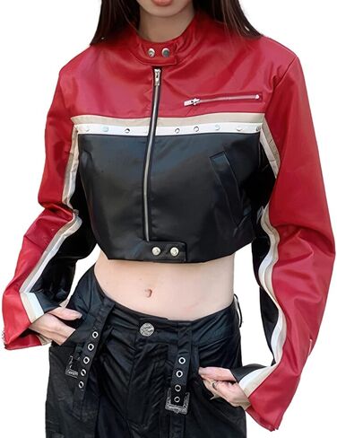 Genuine Sheepskin Leather Cropped Moto Rider Stripes Fashionable Casual Punk Black & Red Jacket for Women in Saudi Arabia